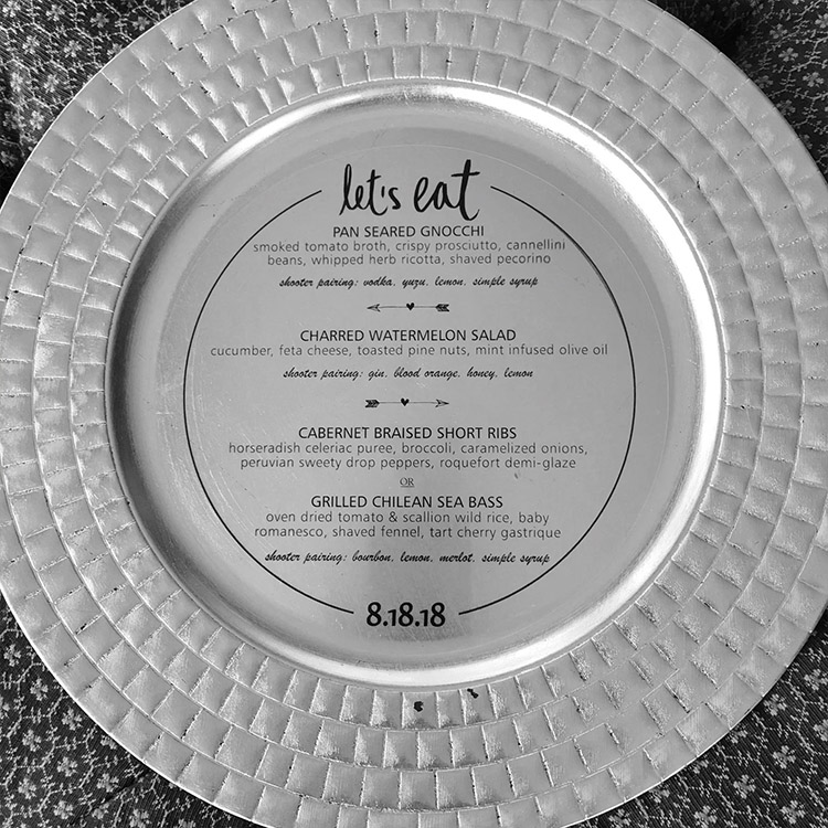 Grey menu inside of a plate