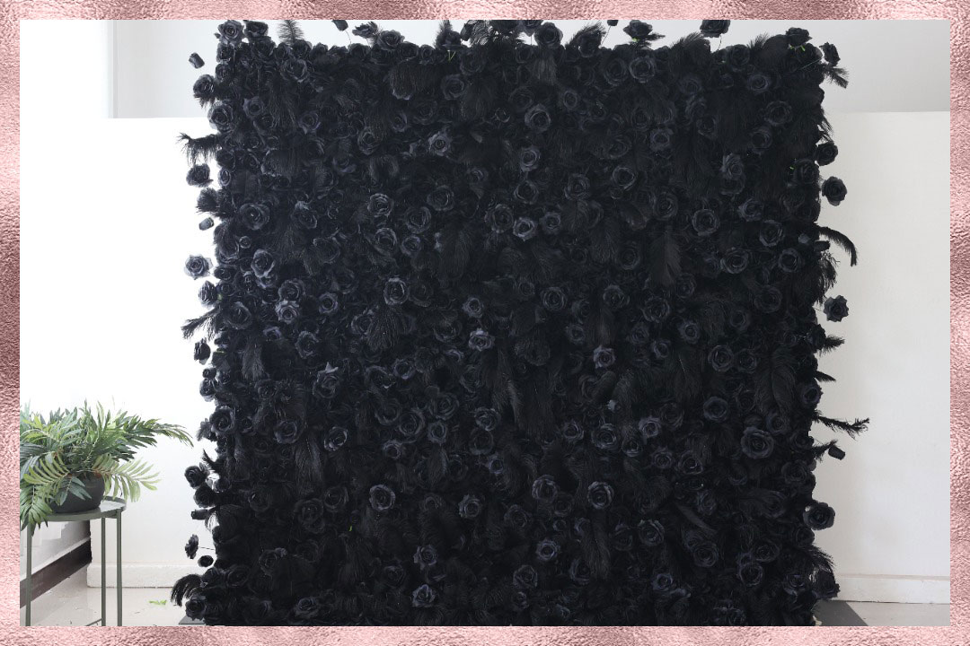 Flower Wall Backdrop Rentals with back roses and feathers.