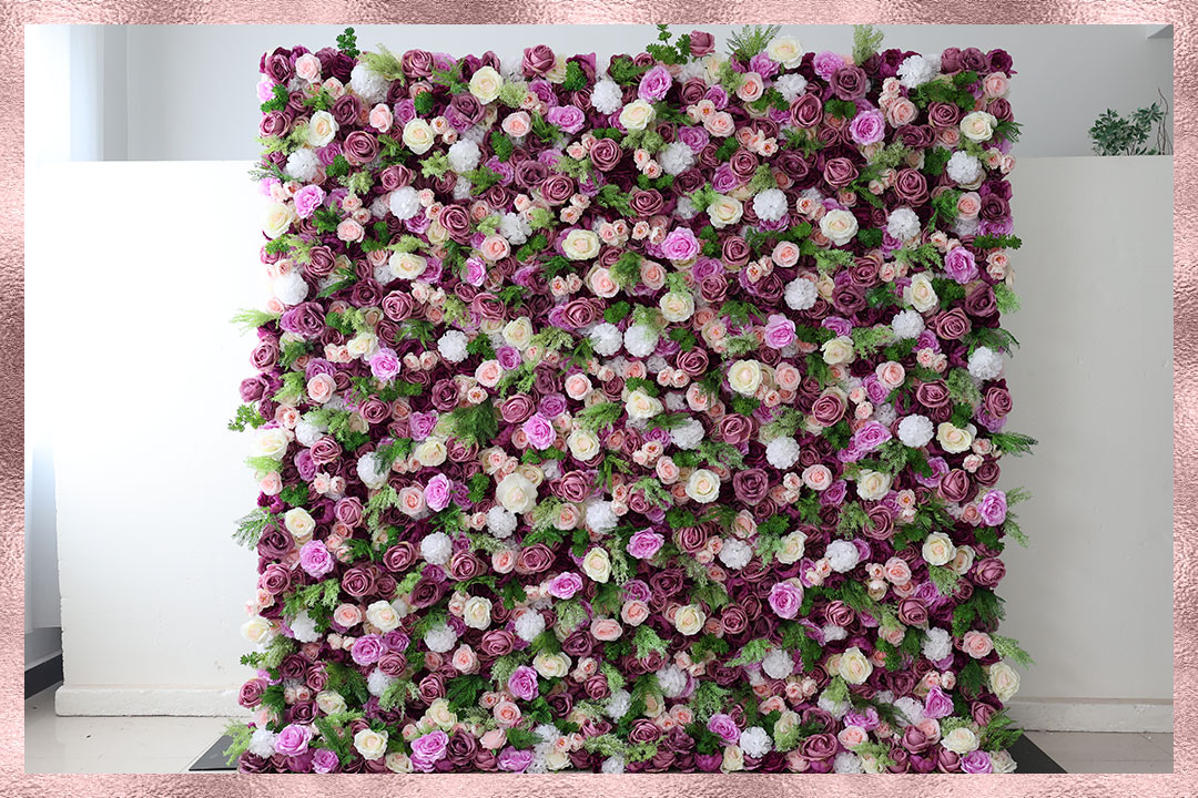 Atlanta Flower Wall with purple, peach, and cream blooms.